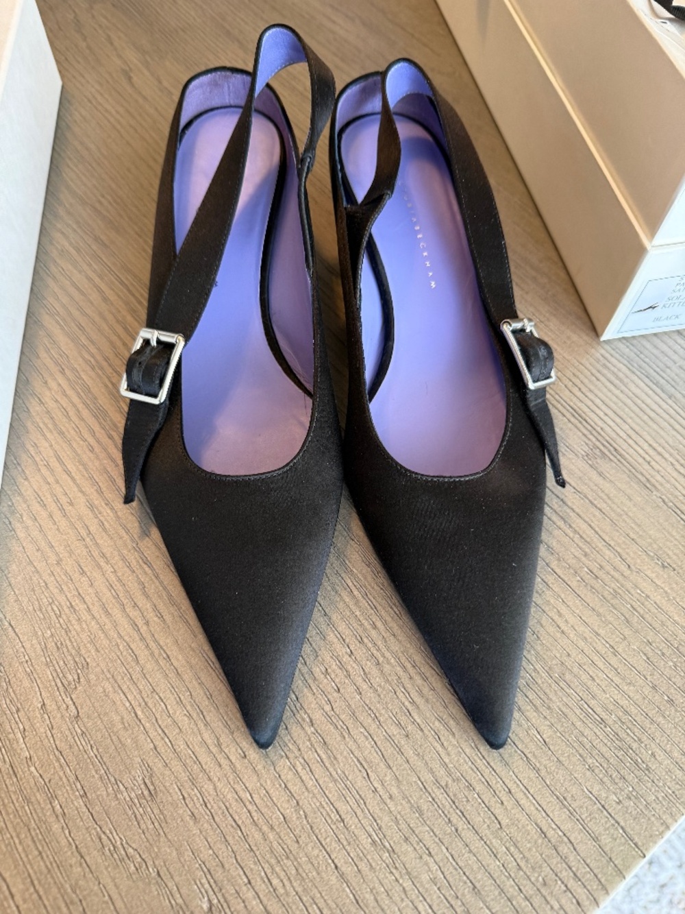 Victoria Beckham Solar Kitten Heel Satin Slingback Pumps Black EU 37